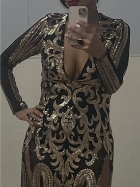 Black Cocktail Dress with Rose Gold Sequin Baroque Embroidery,